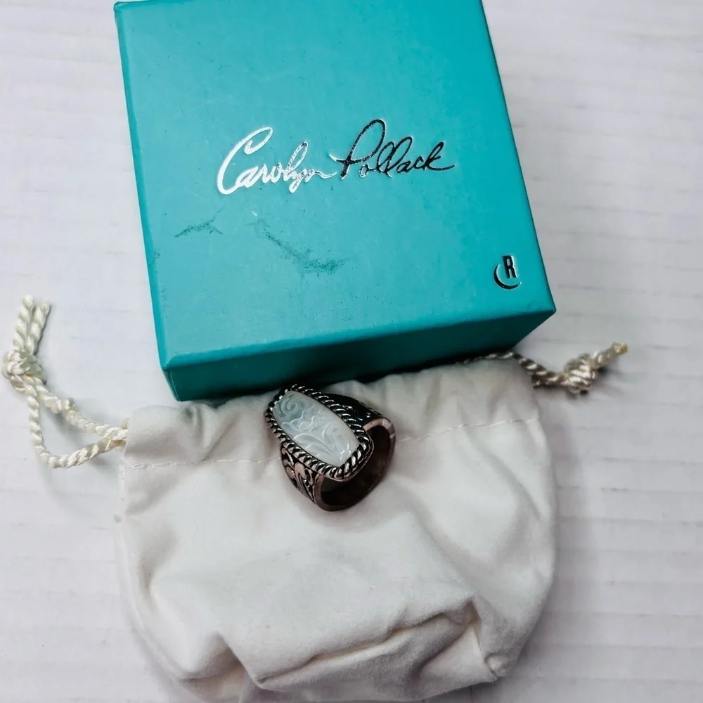 CAROLYN POLLACK 925 silver Carved Mother of Pearl Inlay Ring Size 8